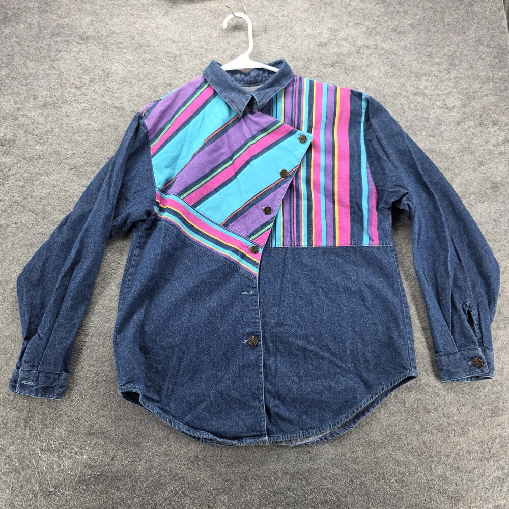 Vintage Panhandle Slim Shirt Womens Medium Blue Denim Stripe Western Snap 90s